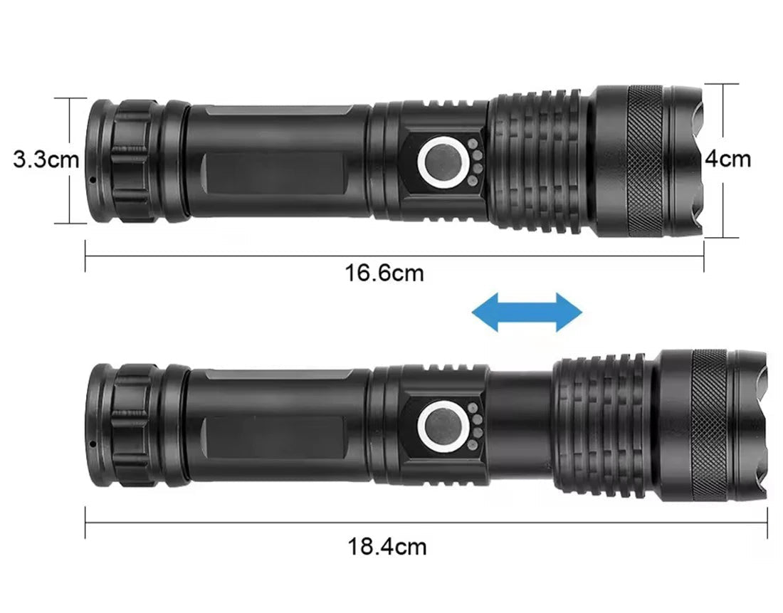 Lanterna LED MIKENOON – Recarregável, Zoom Telescópico, Corpo em Alumínio