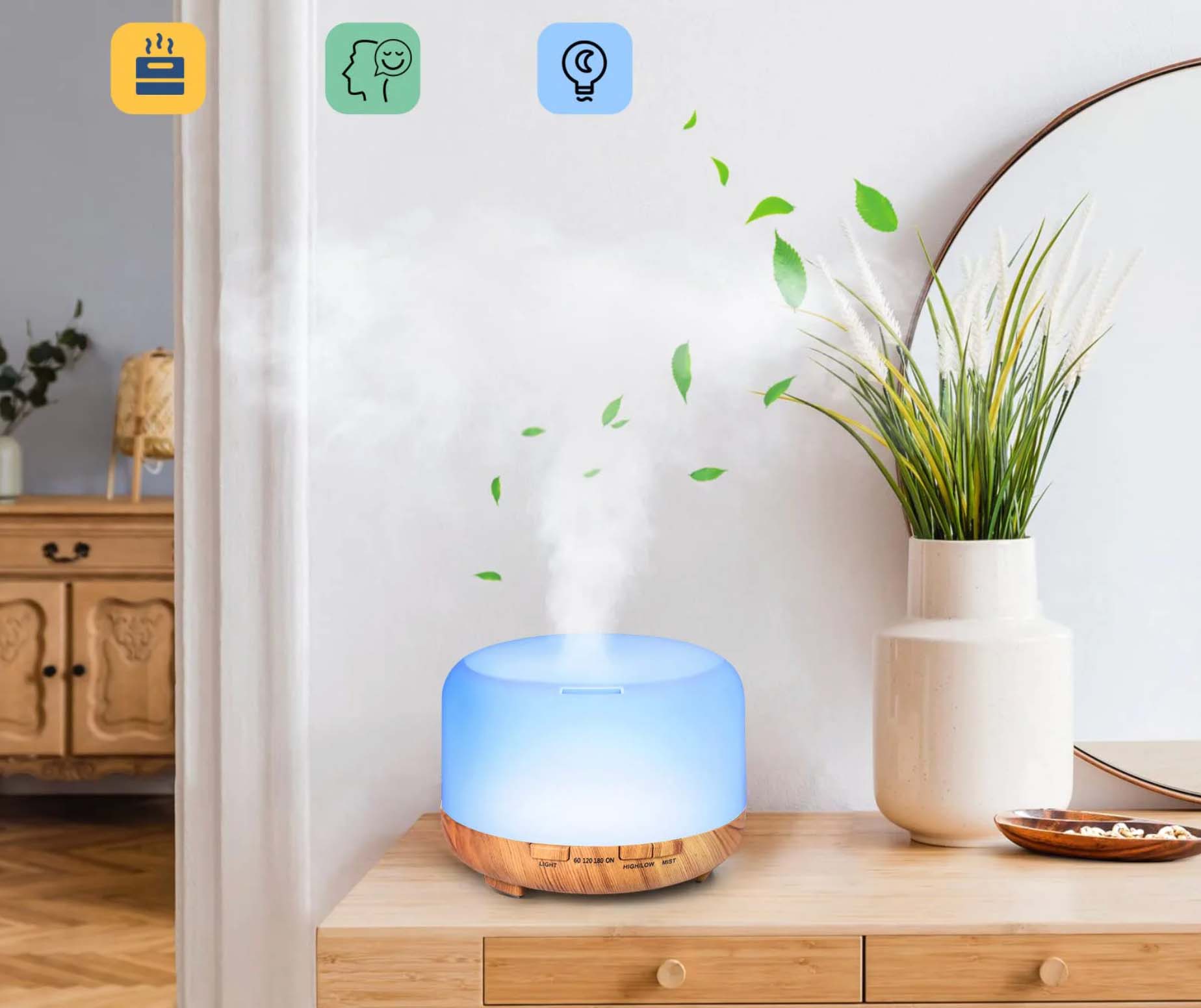 Humidificador e Difusor de Aromas de 500ML - com Design em Madeira e Comando
