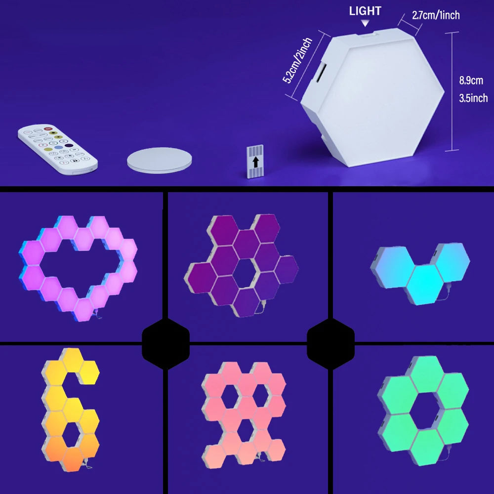 Luzes LED RGB Hexagonais - Inteligentes, Controlo por Voz e App, Wi-Fi ou Bluetooth