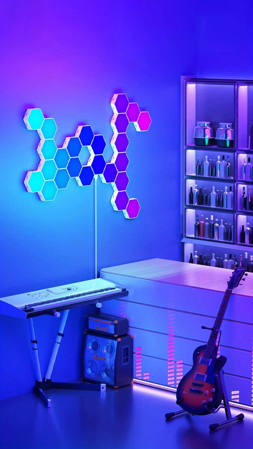 Luzes LED RGB Hexagonais - Inteligentes, Controlo por Voz e App, Wi-Fi ou Bluetooth