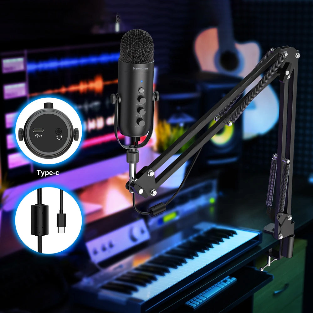 HAOMUREN - Microfone USB para Streaming, Gaming e Podcast, com Braço Ajustável