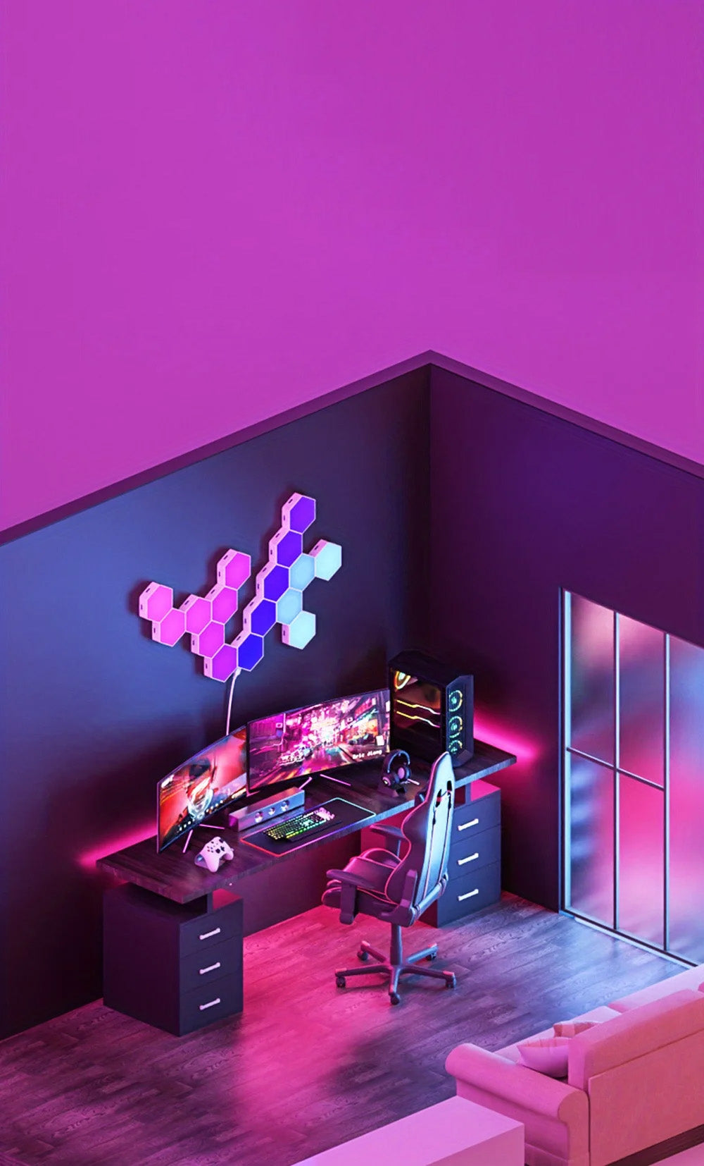 Luzes LED RGB Hexagonais - Inteligentes, Controlo por Voz e App, Wi-Fi ou Bluetooth