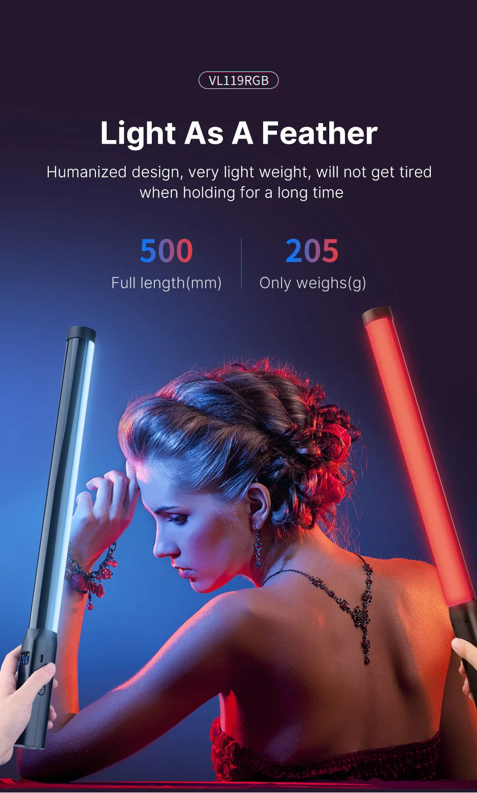 ULANZI VL119 RGB – Bastão LED Portátil, Ajuste Total de Cor e Brilho