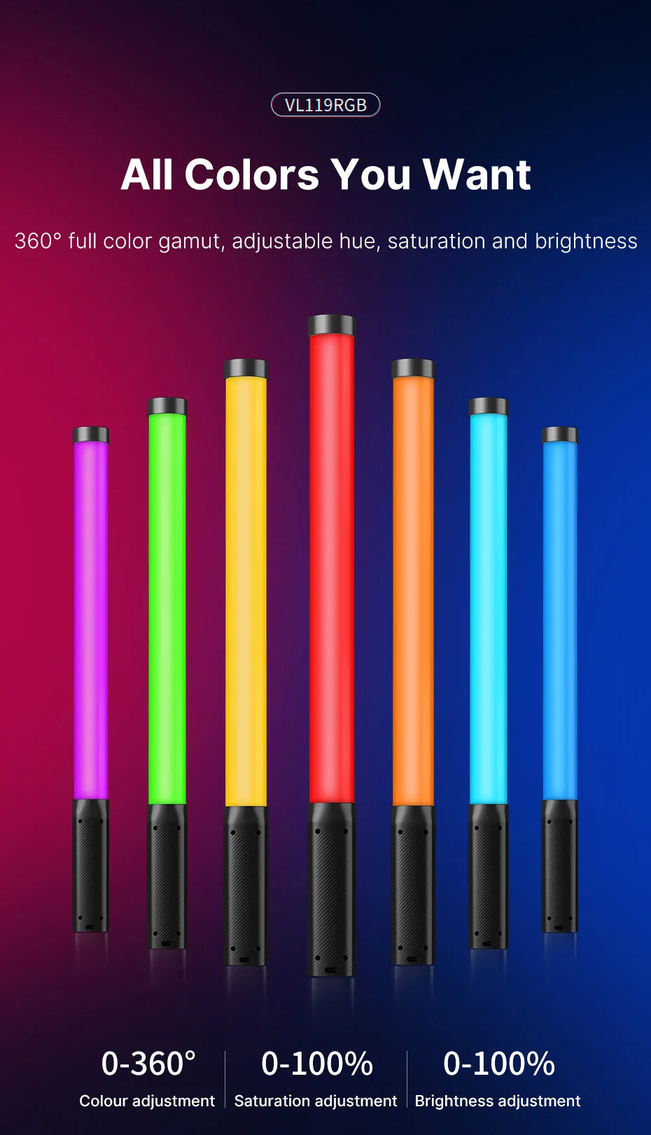 ULANZI VL119 RGB – Bastão LED Portátil, Ajuste Total de Cor e Brilho