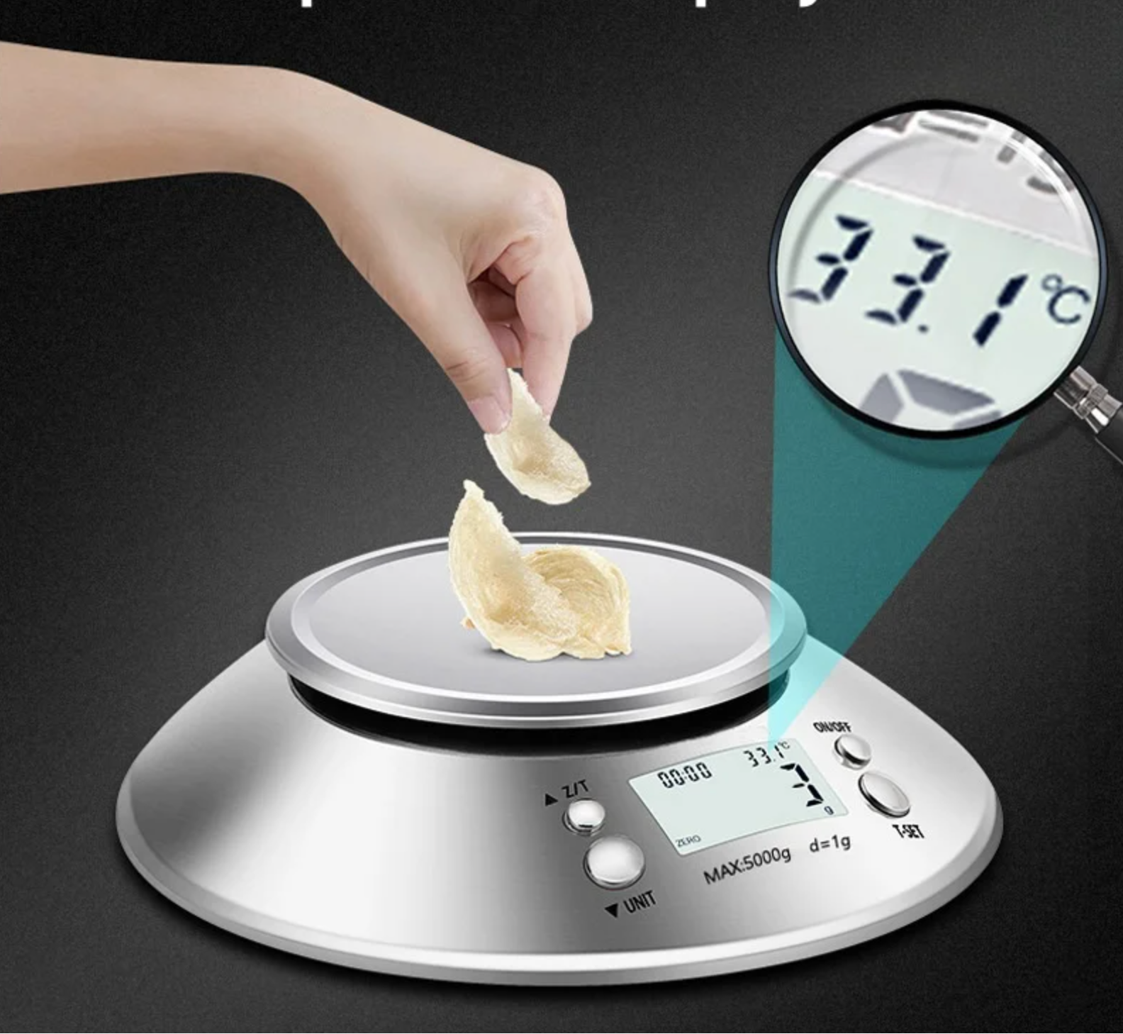 Balança Digital Moderna de Cozinha em Aço Inoxidável com Bandeja - Ecrã LCD, Precisão de 1g, Capacidade 5kg
