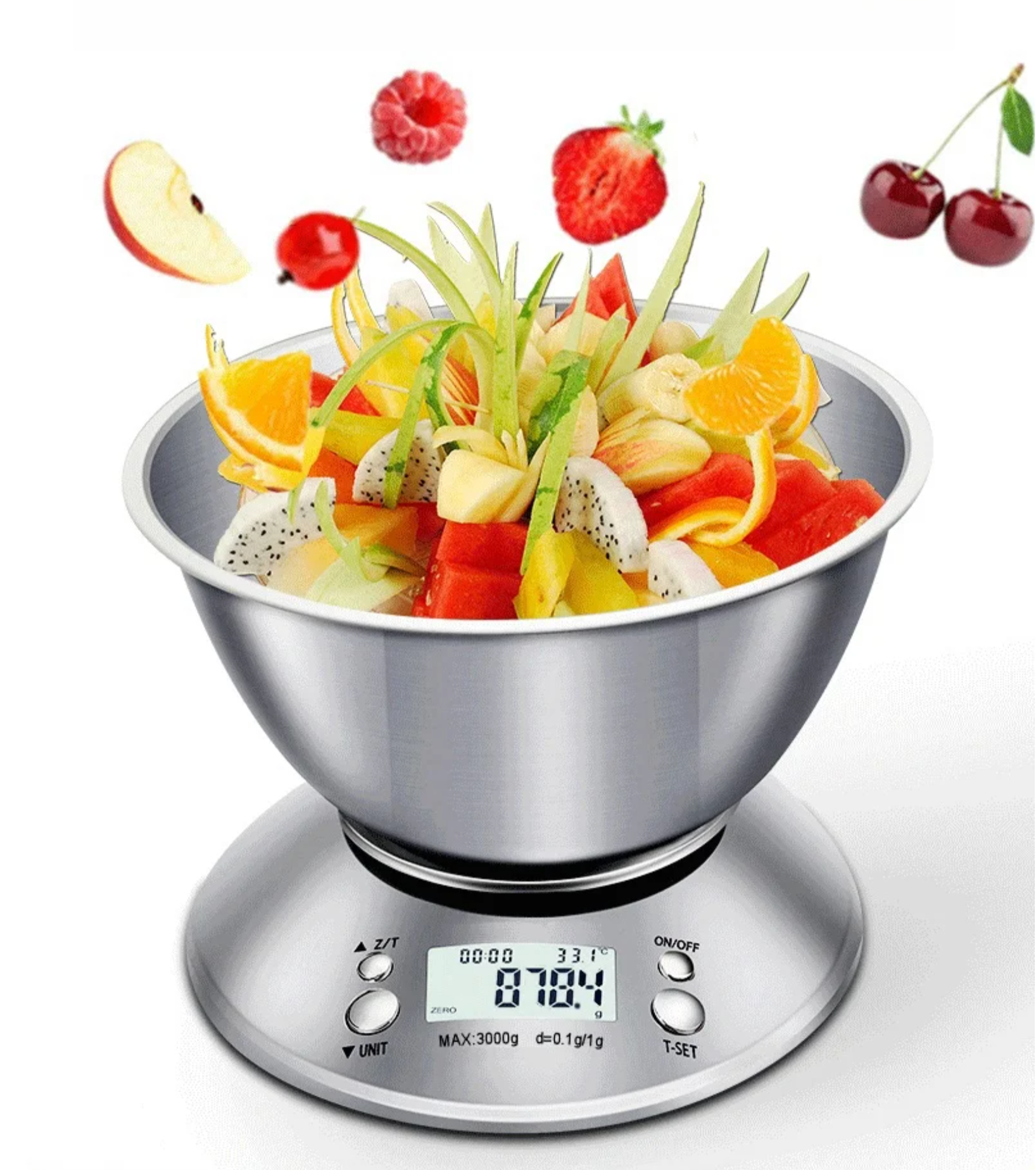 Balança Digital Moderna de Cozinha em Aço Inoxidável com Bandeja - Ecrã LCD, Precisão de 1g, Capacidade 5kg
