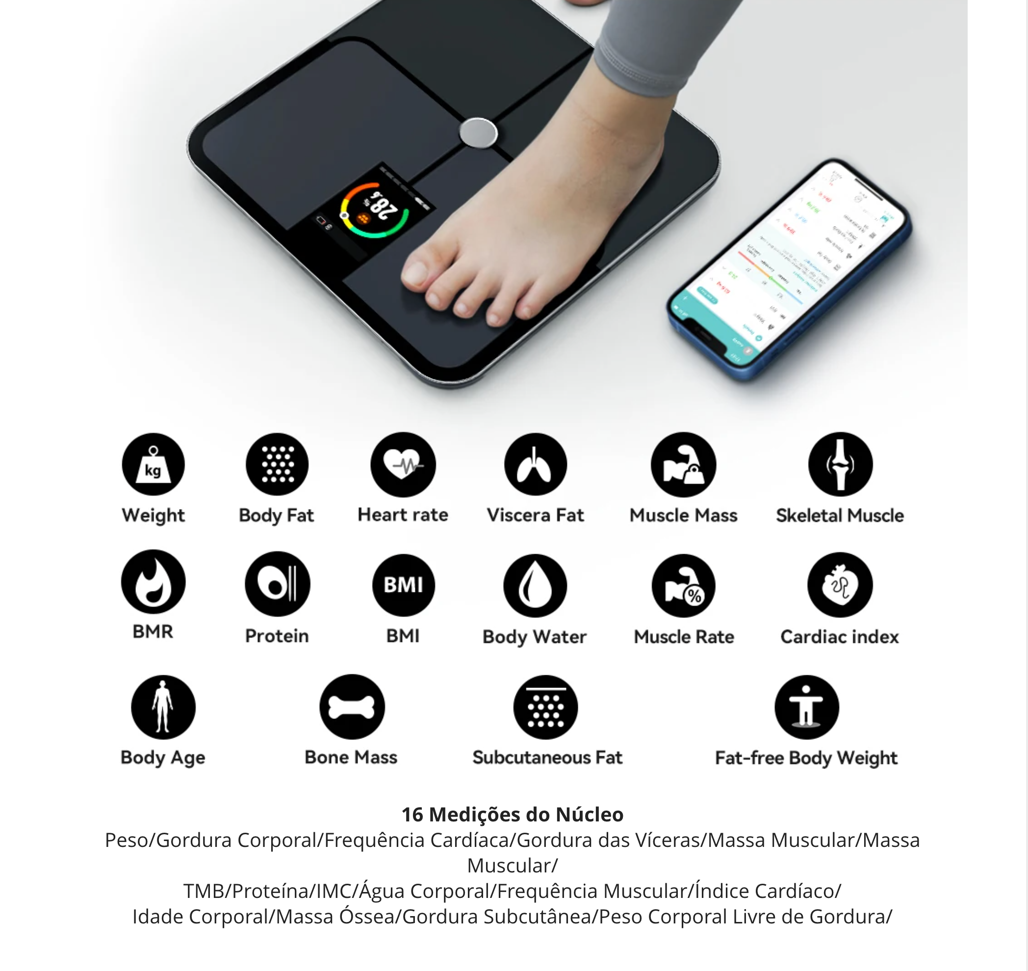 Balança Inteligente ICOMON – Análise Corporal Completa, Frequência Cardíaca, Ecrã TFT