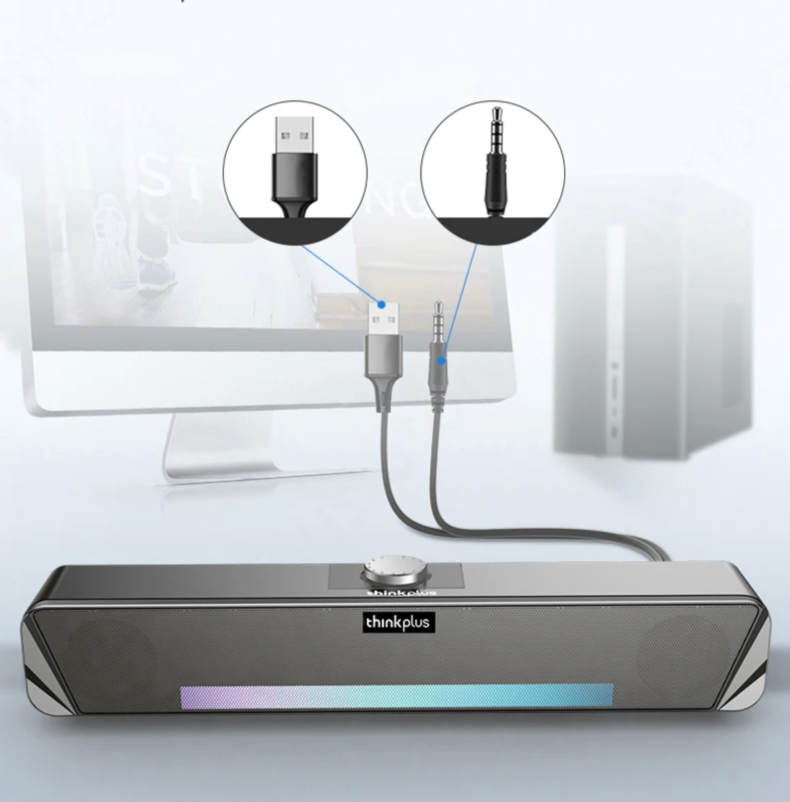 Coluna LENOVO TS33 Bluetooth 5.0 / com cabo - Barra de Som 360º Surround, Subwoofer de Áudio, Ideal para Casa e Computador