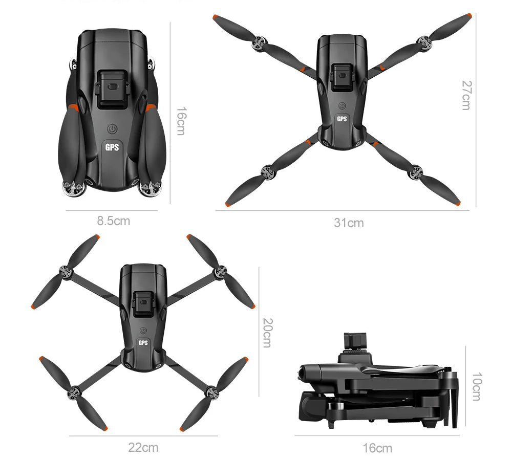 Vista superior do drone V198 PRO dobrado com acessórios organizados