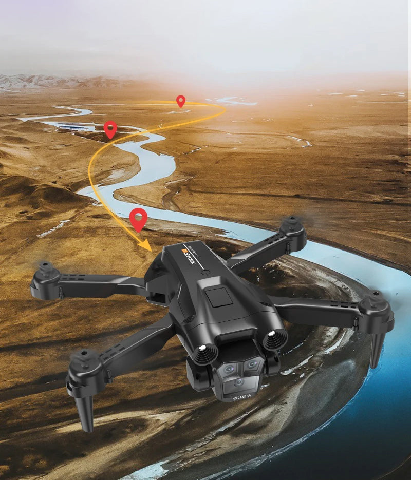 Drone RC M4 em voo sobre montanhas, ideal para aventuras ao ar livre