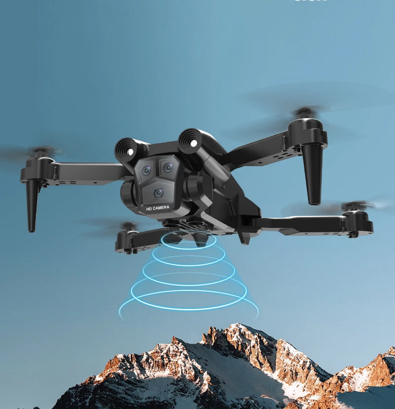 Drone RC M4 a voar com montanhas de fundo
