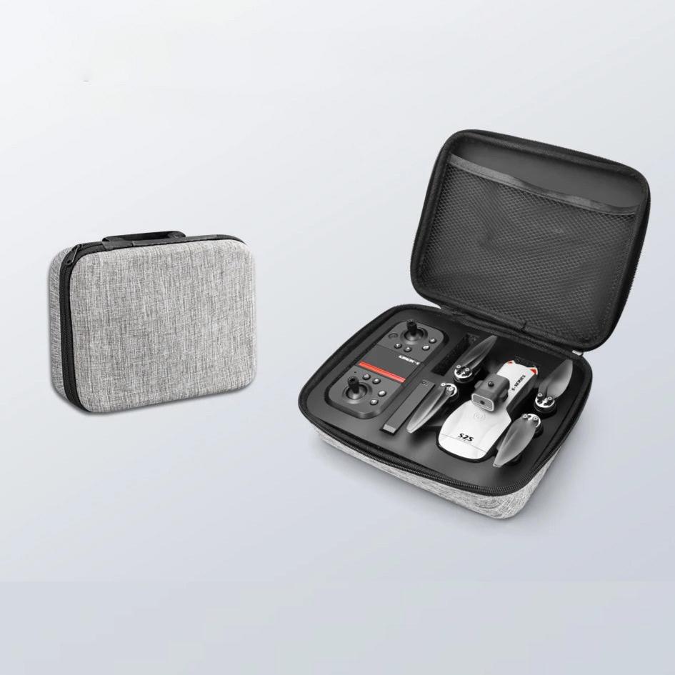 Mala de transporte para drone S2S 8K com drone, carregador e hélices organizadas