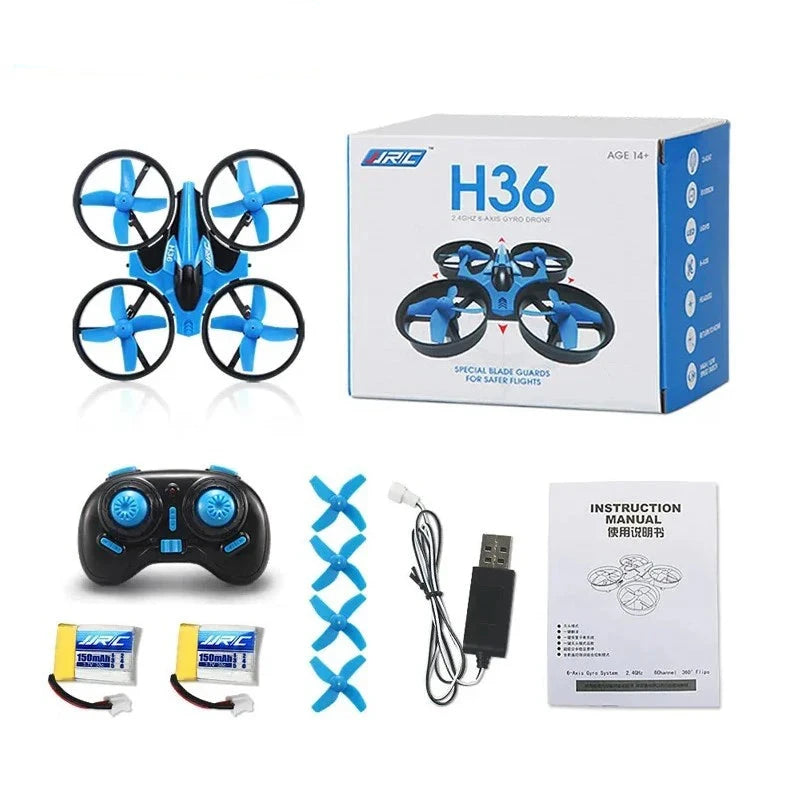 Drone JJRC H36 com manual, cabo USB, hélices de substituição e comando