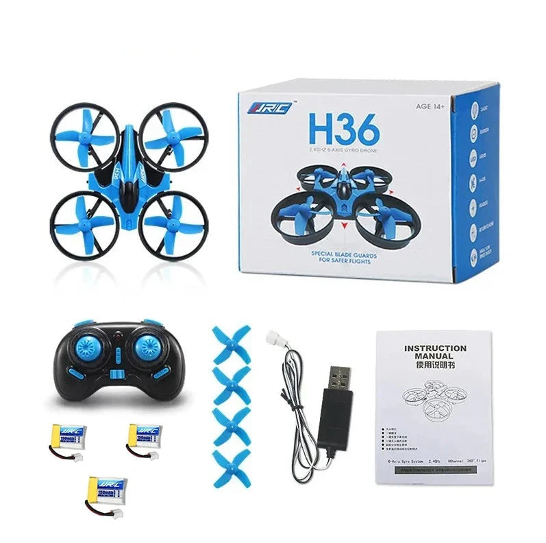 Componentes do mini drone JJRC H36 listados ao lado da embalagem
