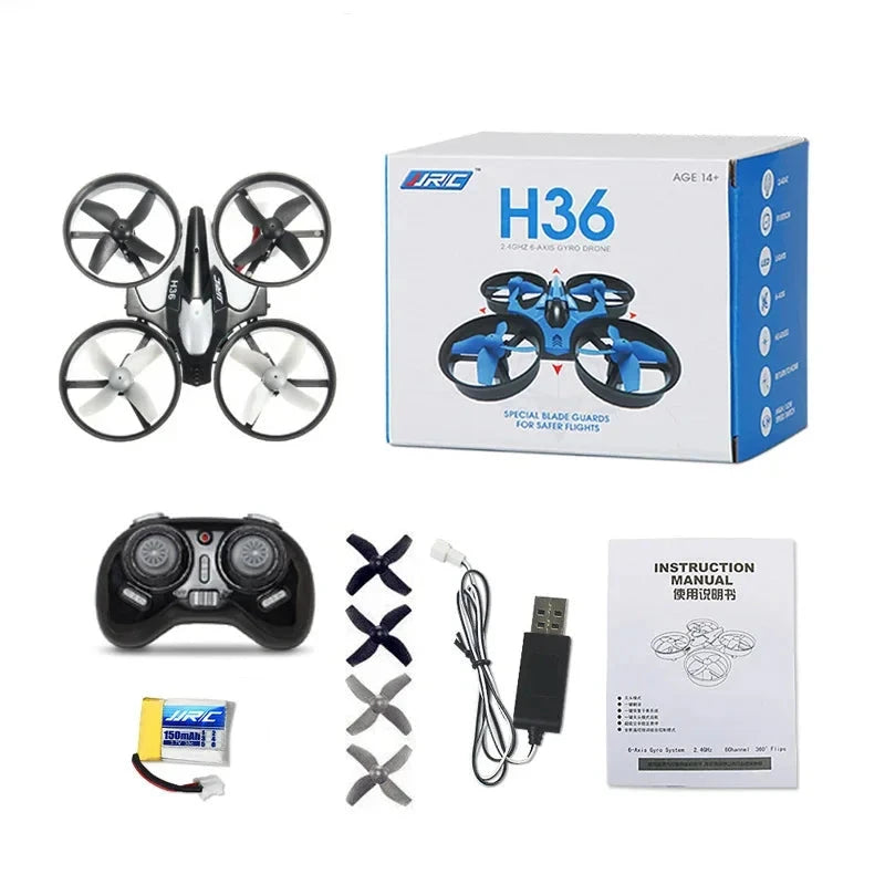 Embalagem do drone JJRC H36 com imagem do produto e acessórios