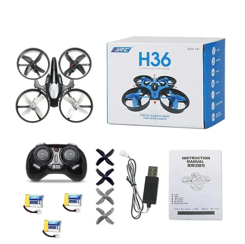 Versão preto do mini drone JJRC H36 com comando e baterias
