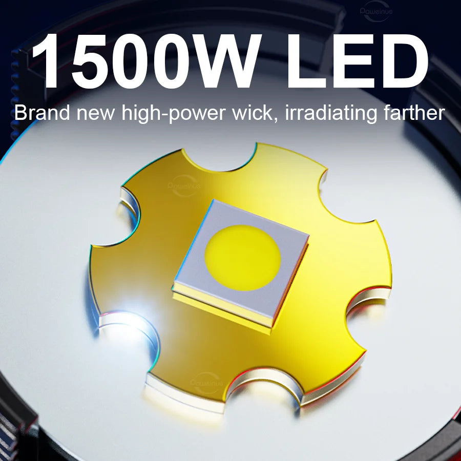 Lanterna LED Recarregável - 1500W, Super Potente, Zoom Telescópico, 6000m Alcance