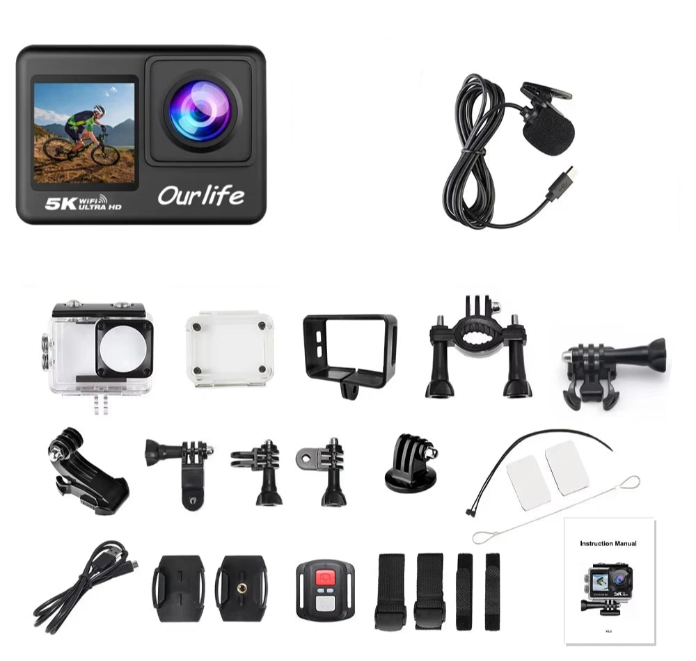 Câmara de Ação OURLIFE 5K + Acessórios - 5K30FPS e 4K/60FPS, Ecrã Tátil, Estabilização EIS