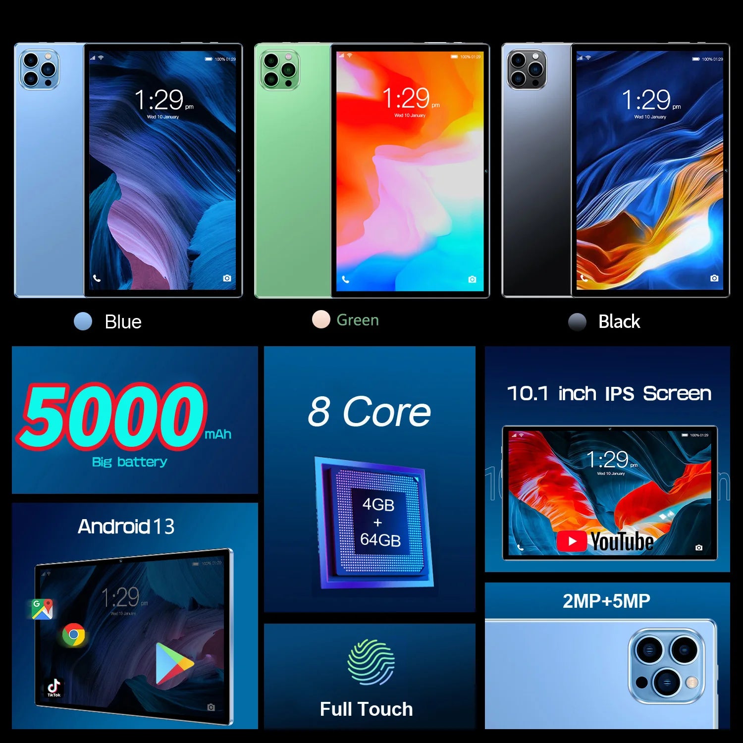 Tablet BDF - Android 13, Octa-Core, 4GB RAM, 64GB, WiFi, Bluetooth