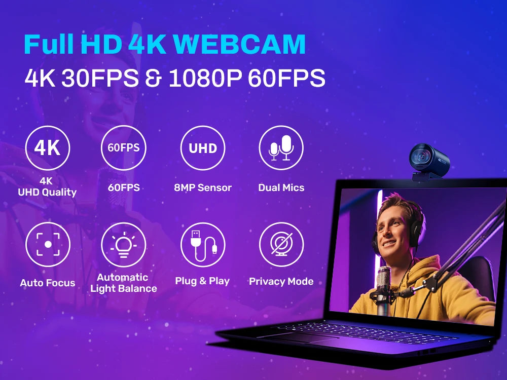 Webcam EMEET S600 – 4K, Autofoco e microfones, para Streaming YouTube e TikTok
