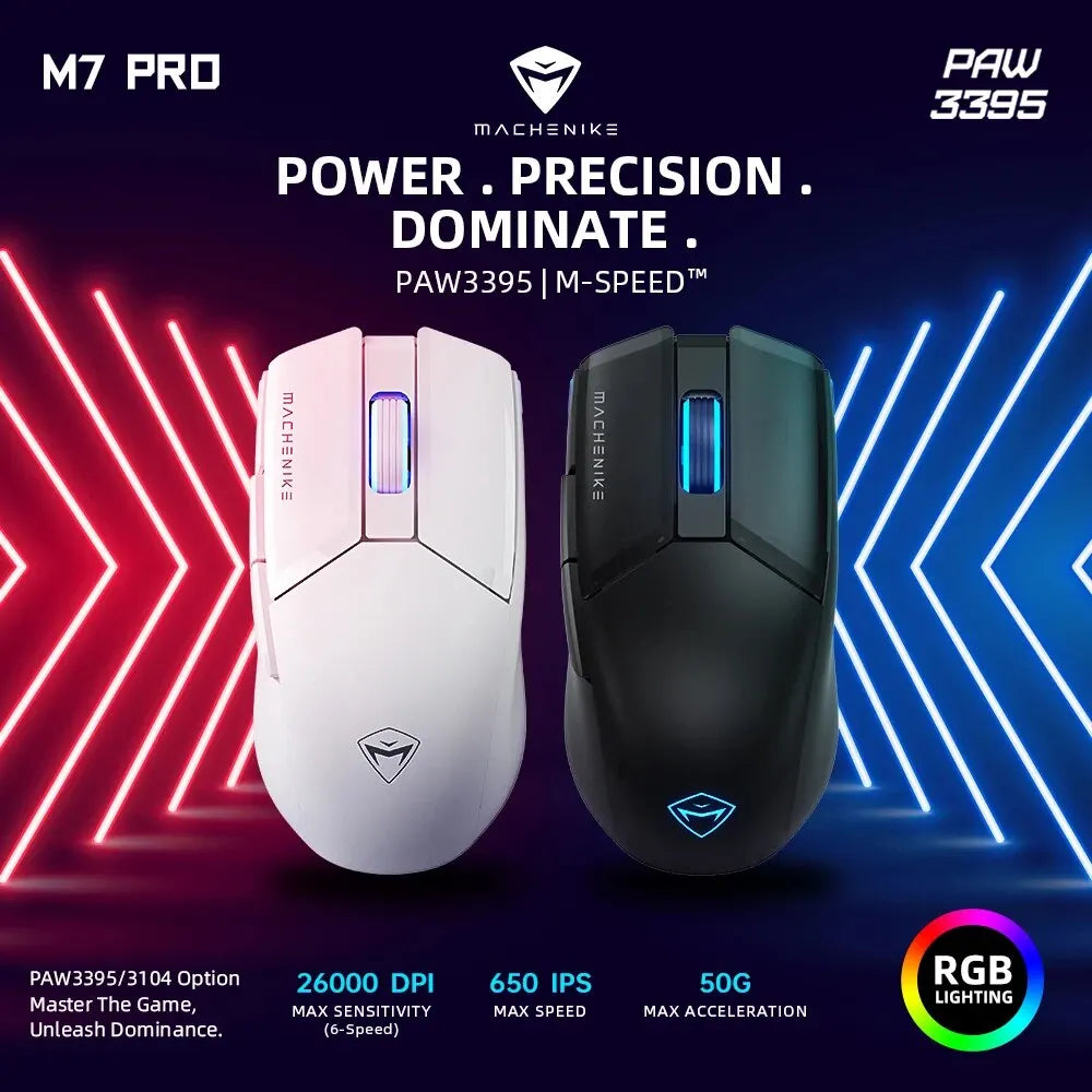Rato Gaming MACHENIKE M7 Pro – eSports, Sem Fios, 26.000 DPI, RGB, Sensor PAW3395
