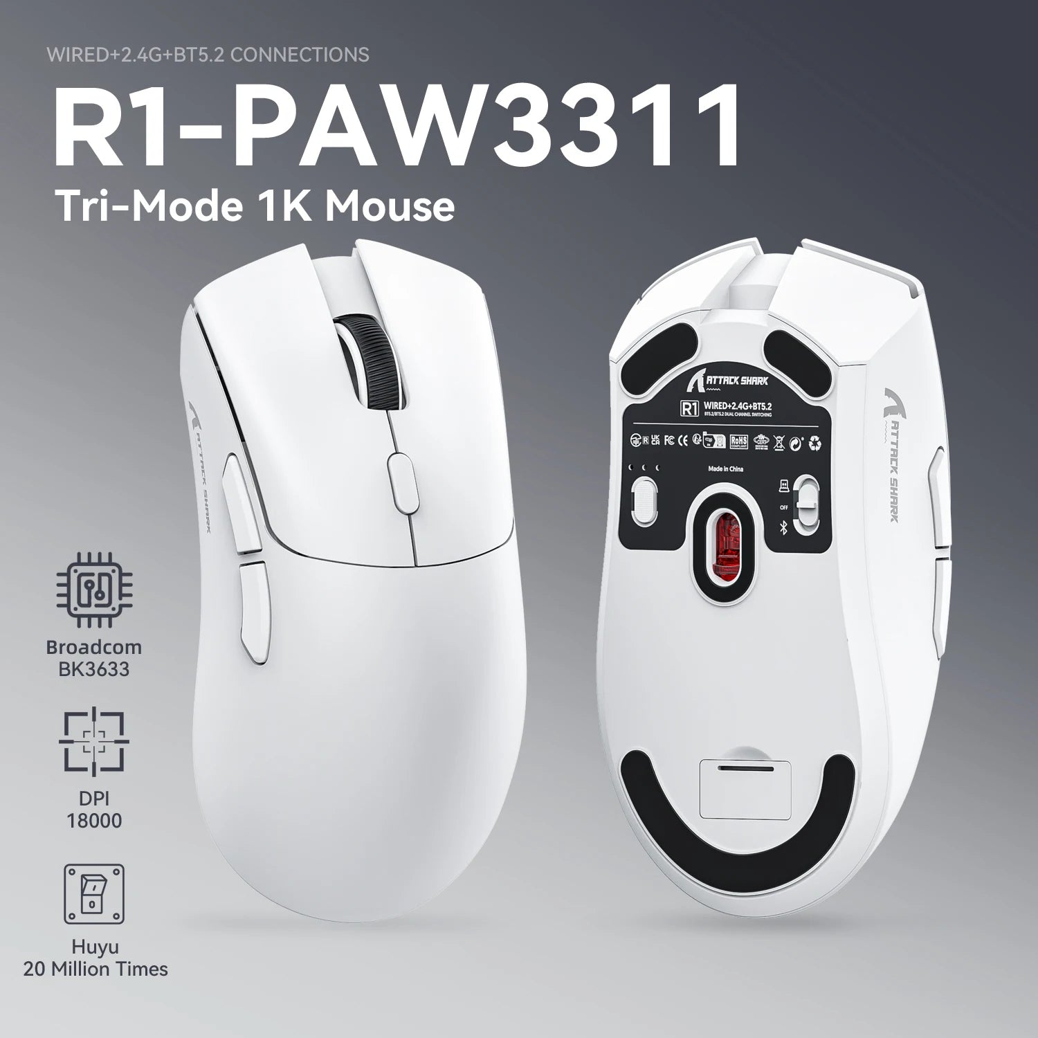 Rato Gaming ATTACK SHARK R1 – Sem Fios, 18.000 DPI, Bluetooth, Sensor PAW3311
