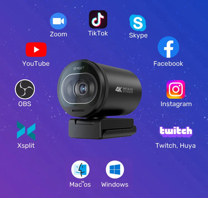 Webcam EMEET S600 – 4K, Autofoco e microfones, para Streaming YouTube e TikTok