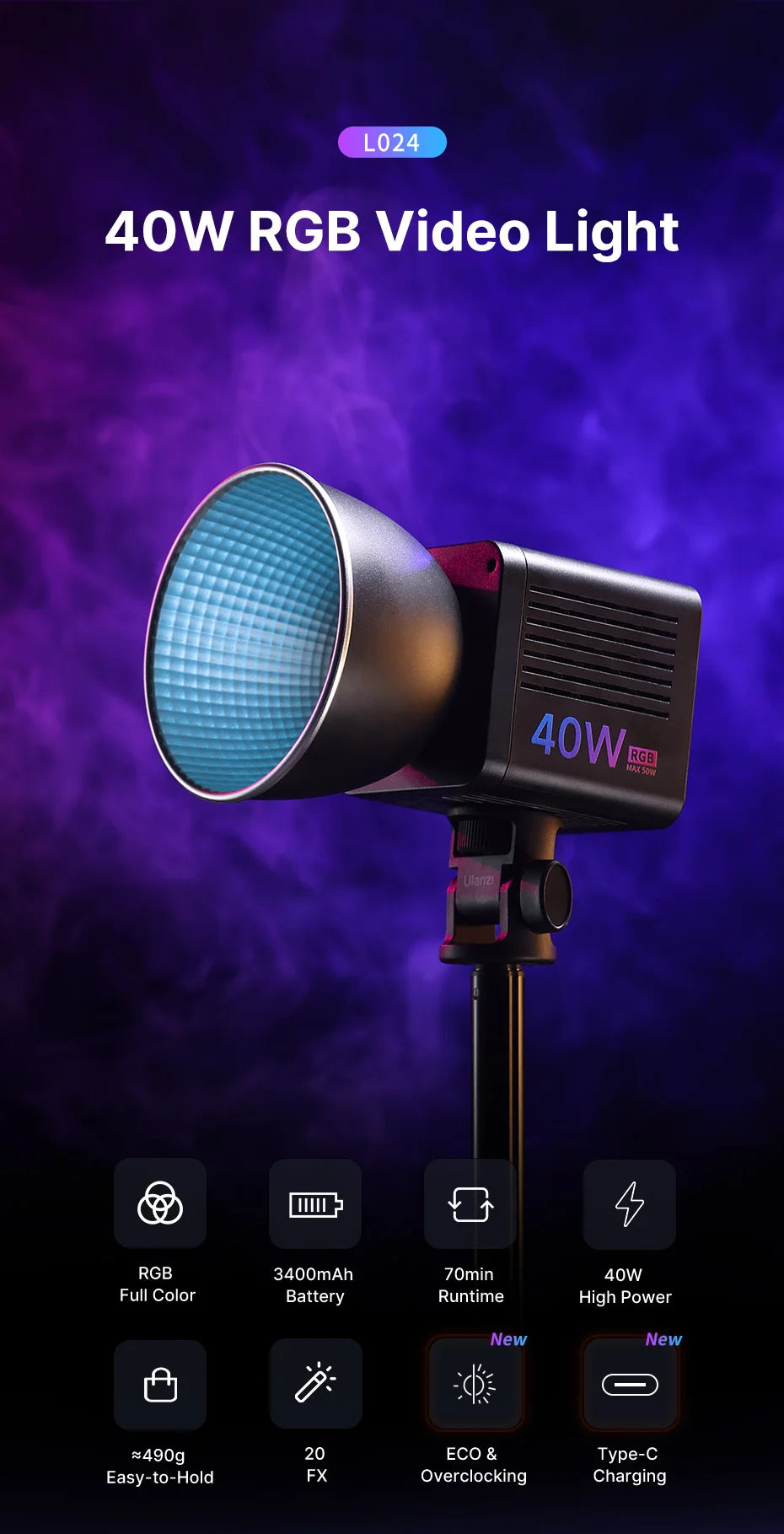ULANZI L024 40W RGB - Luz LED com montagem Mini Bowens, 20 Efeitos e Bateria.