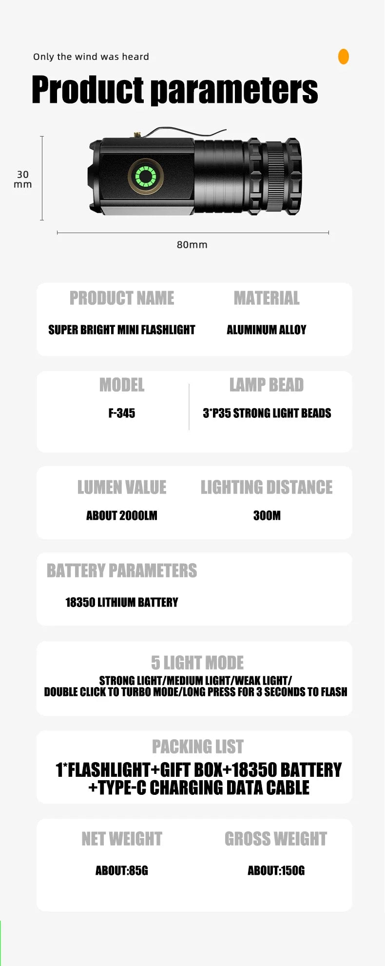Lanterna LED Mini KENSUN T8 – 2000 Lumens, USB-C, Zoom, Íman Traseiro, 5 Modos