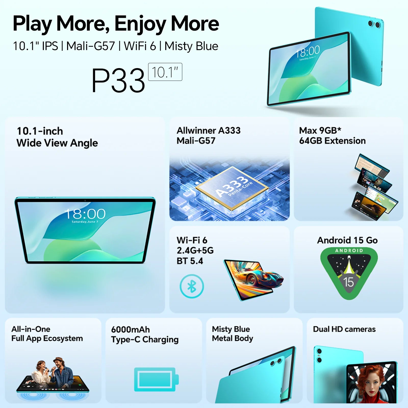 Tablet TECLAST P33 – Android 15, IPS, 9GB RAM, 64GB, WiFi