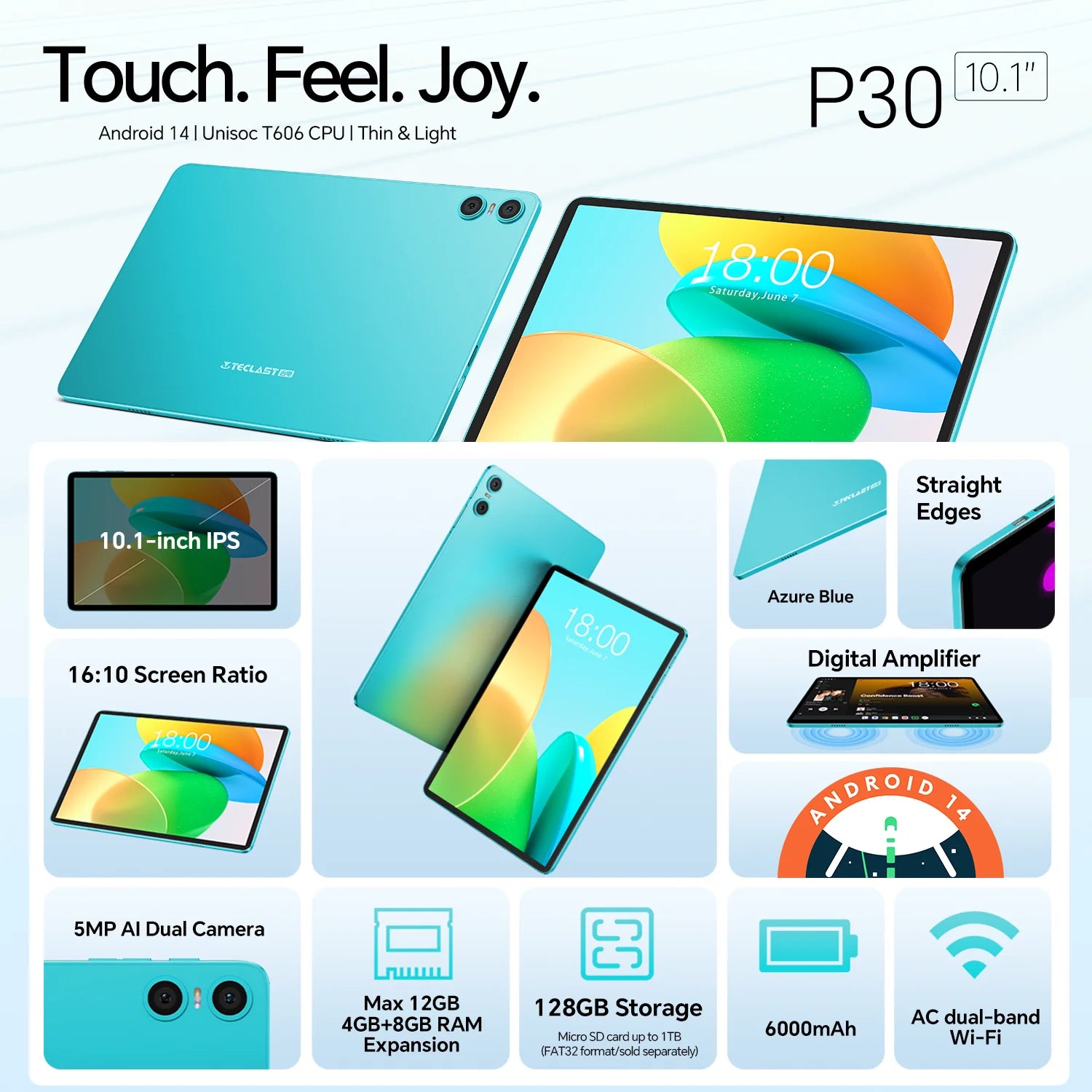 Tablet TECLAST P30 – Android 14, ecrã IPS, 12GB RAM, Octa-Core
