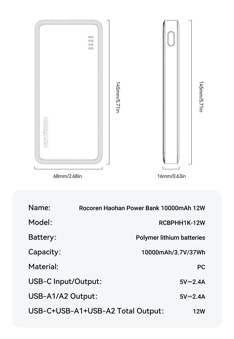 Power Bank ROCOREN - 10000mAh e Carregamento Rápido para Smartphones e Tablets
