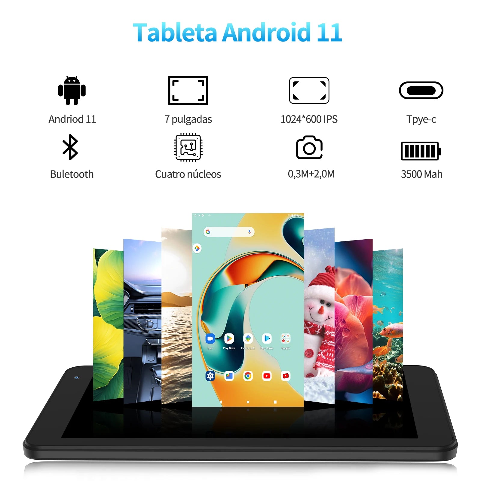 Tablet PRITOM P7 – Android 11, 7 polegadas, Quad-Core, 2GB RAM + 32GB, Capa Incluída