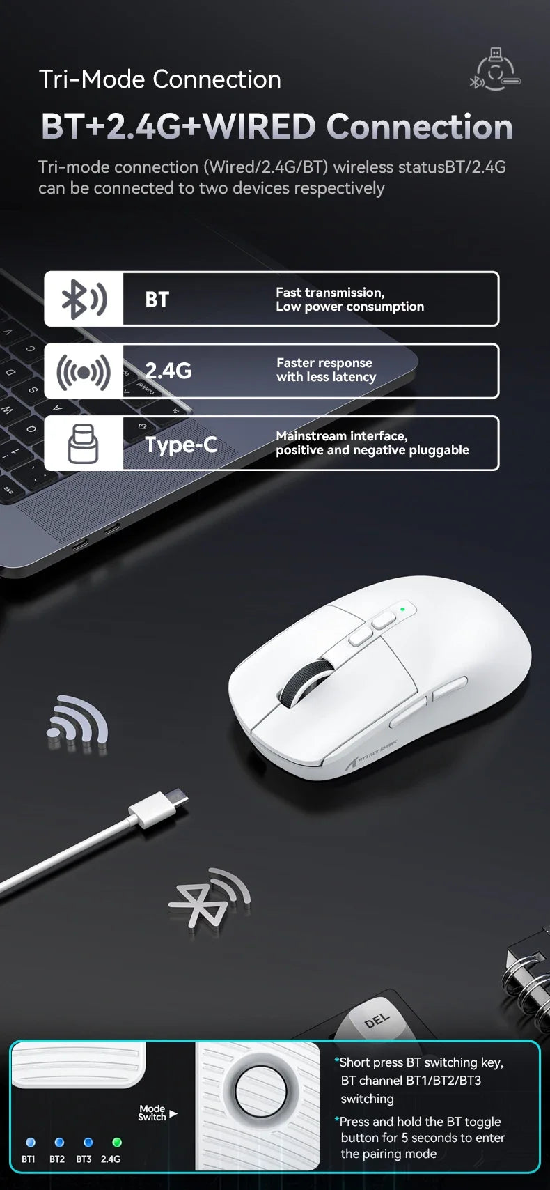 Rato Gaming ATTACK SHARK X6 – Bluetooth, 3 Modos de Ligação, Base de Carregamento Magnética, RGB