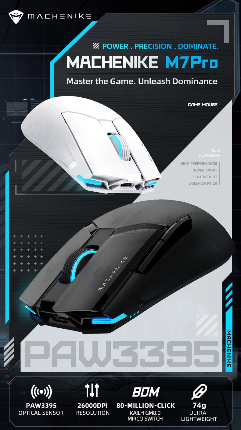 Rato Gaming MACHENIKE M7 Pro – eSports, Sem Fios, 26.000 DPI, RGB, Sensor PAW3395