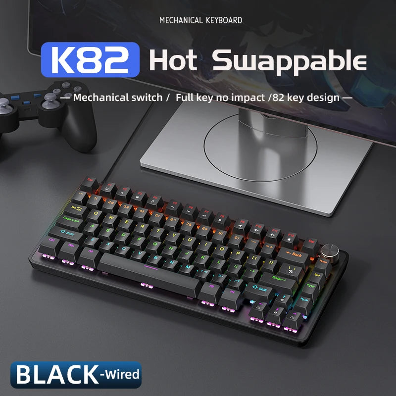 Teclado Mecânico APAYADO K82 – 82 Teclas, Switches Azuis, Knob Multimédia, RGB