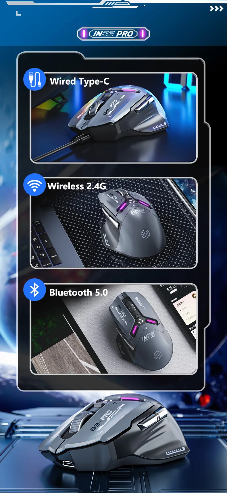 Rato Gaming eSports INPHIC IN9 PRO - Sem Fios, 26000 DPI, RGB, Bluetooth e 2.4GHz