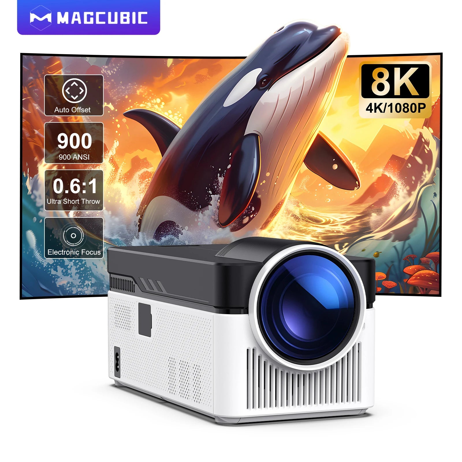 Projetor MAGCUBIC HY450 - 900 ANSI, Curta Distância, Full HD, Suporte 8K, Android 11, Foco Eletrónico, Wi-Fi e Bluetooth