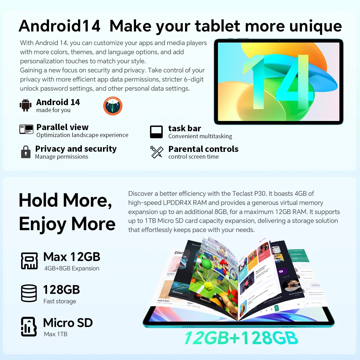 Tablet TECLAST P30 – Android 14, ecrã IPS, 12GB RAM, Octa-Core