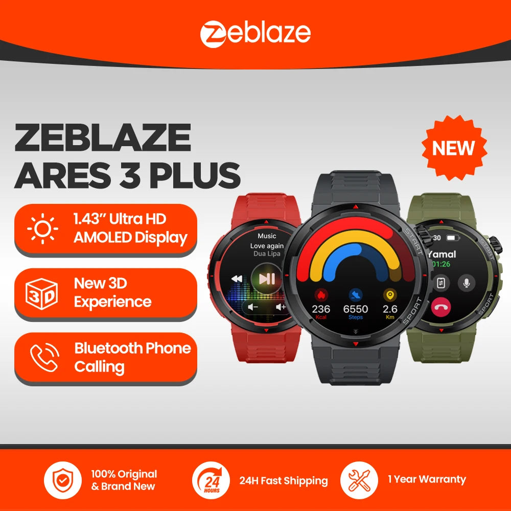 Smartwatch ZEBLAZE Ares 3 Plus – Ecrã AMOLED 1.43