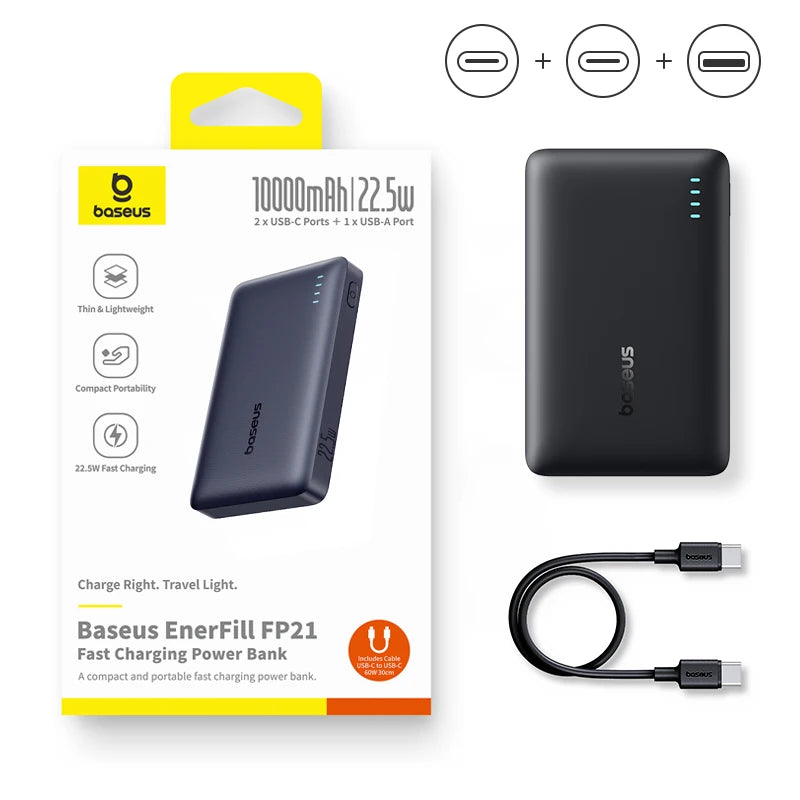 Power Bank Baseus 10000mAh 22.5W – Portátil, Carregamento Rápido