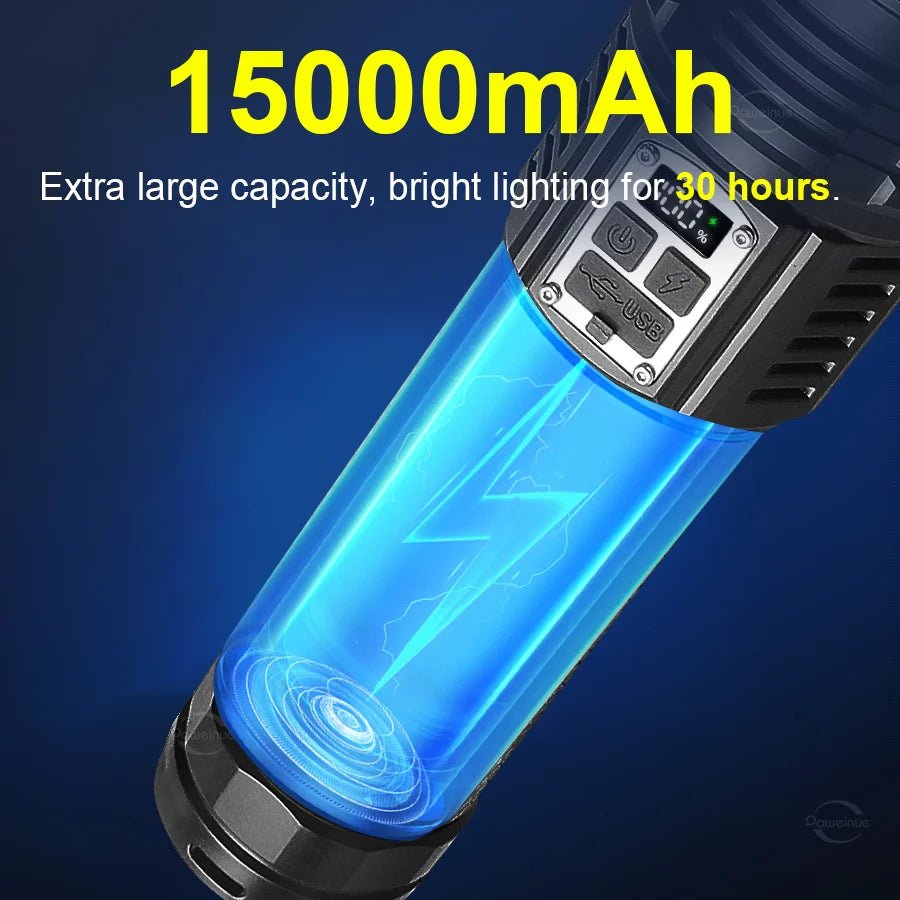 Lanterna LED Recarregável - 1500W, Super Potente, Zoom Telescópico, 6000m Alcance