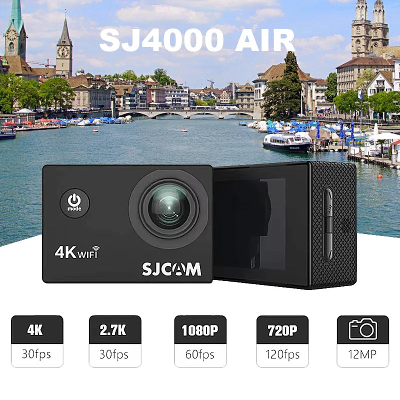 Câmara de Ação SJCAM SJ4000 Air + Acessórios – 4K 30FPS, Ecrã, À Prova de Água, Wi-Fi 2.4G