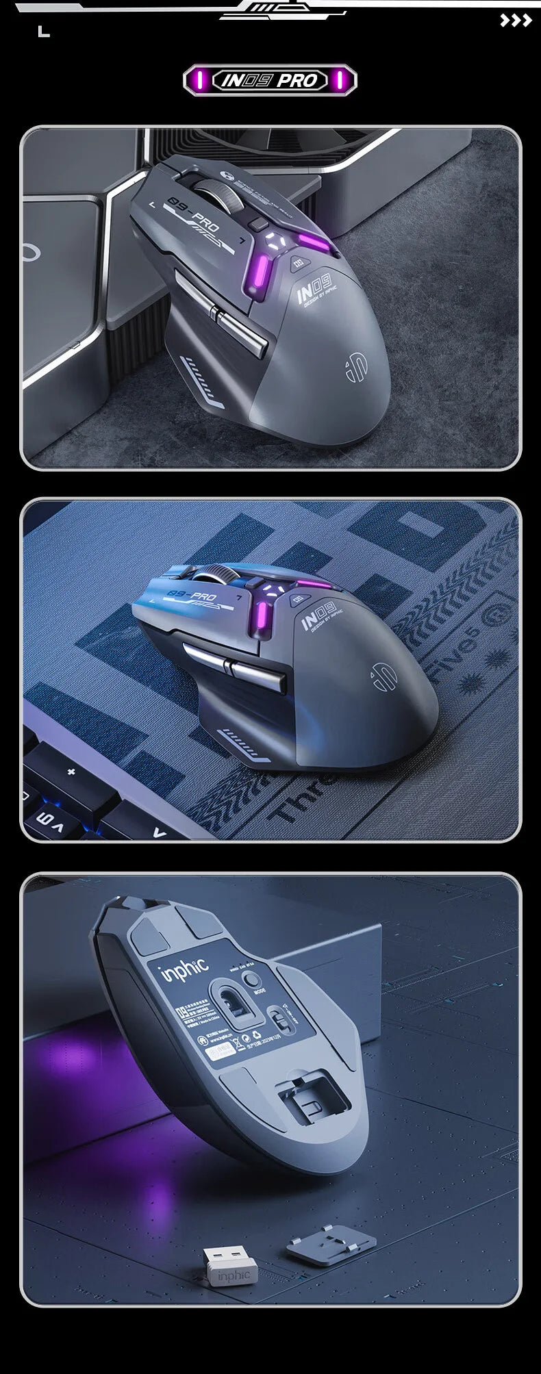 Rato Gaming eSports INPHIC IN9 PRO - Sem Fios, 26000 DPI, RGB, Bluetooth e 2.4GHz