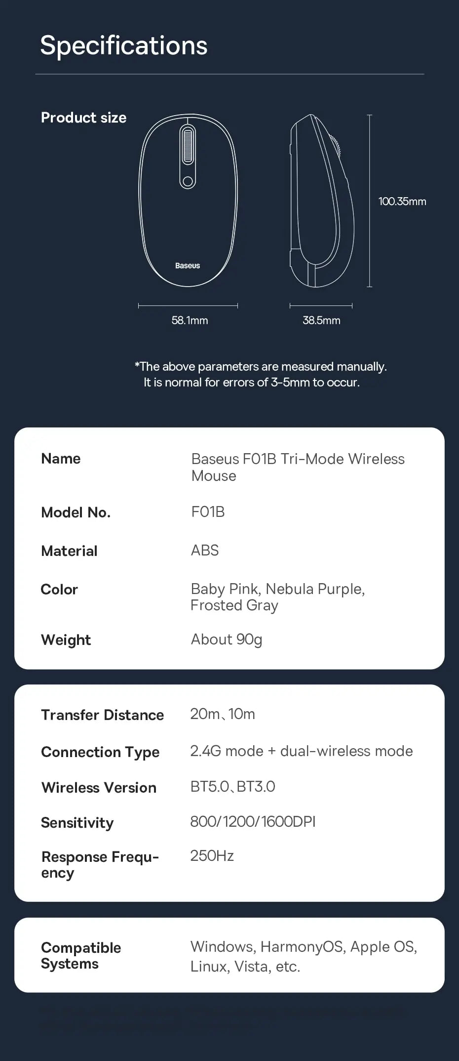 Rato Wireless BASEUS F01B – Bluetooth 5.0, 2.4G Dual Mode, Silencioso, 1600 DPI