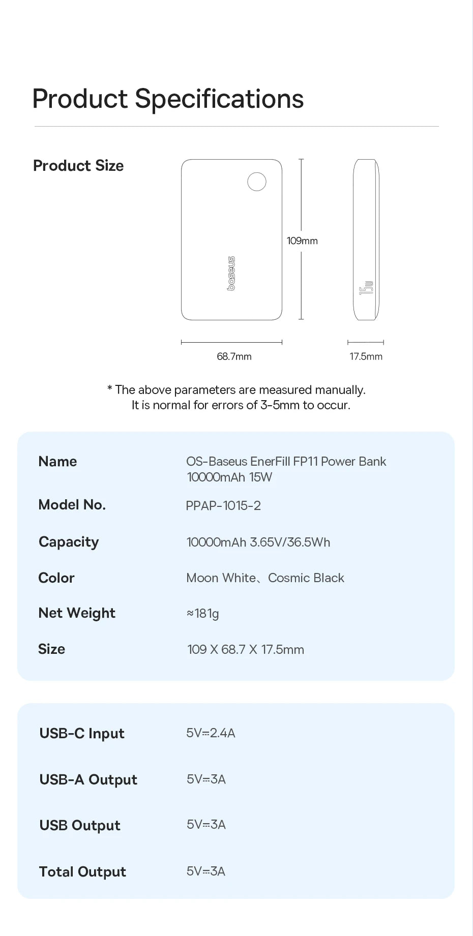 Power Bank Baseus 10000mAh 22.5W – Portátil, Carregamento Rápido