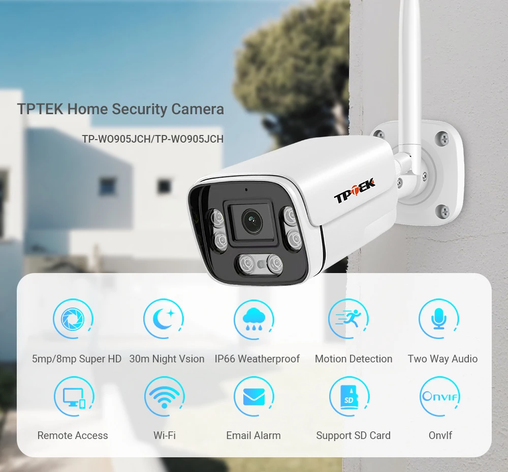Câmera de Segurança TPTEK 8MP 4K Wi-Fi - Deteção de Movimento, Visão Noturna, Áudio Bidirecional