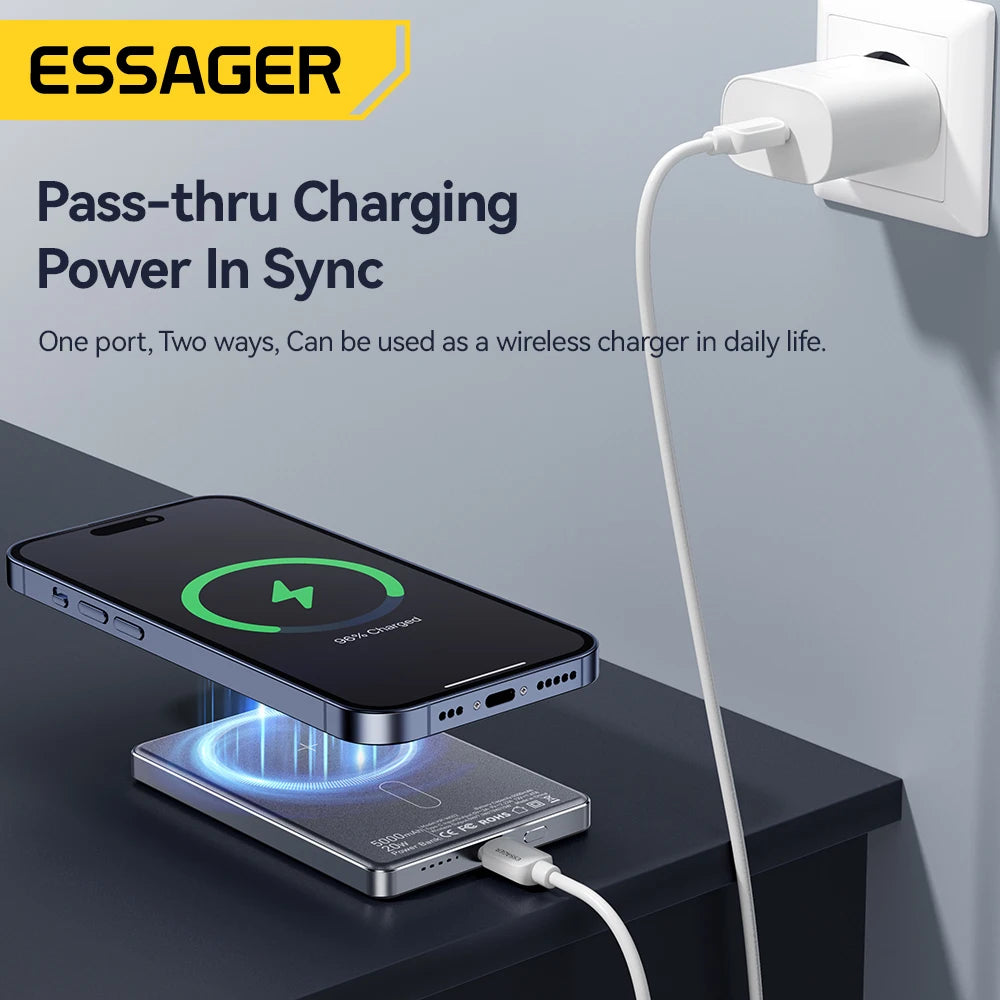 Power Bank ESSAGER 5000mAh – Magnético, Ultra Fino, Carregamento Rápido 20W