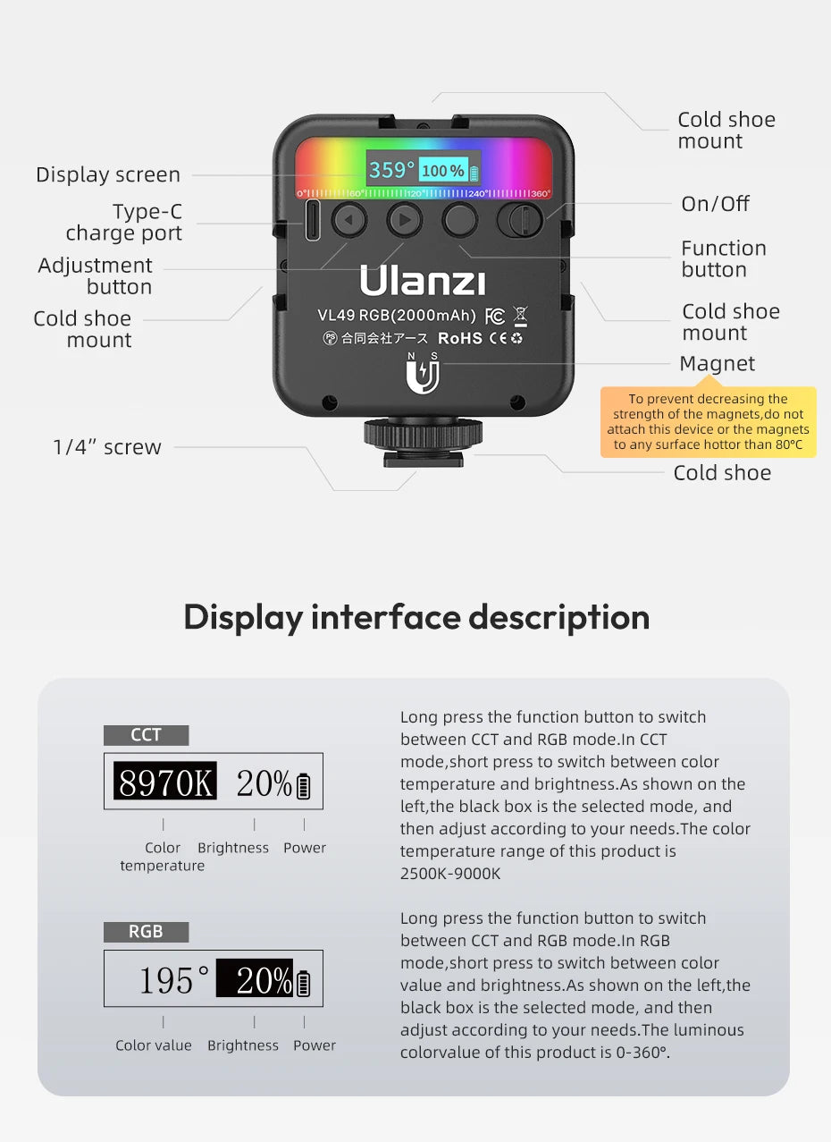 Luz LED ULANZI VL49 – RGB, Bateria 2000mAh para Vídeo e Fotografia