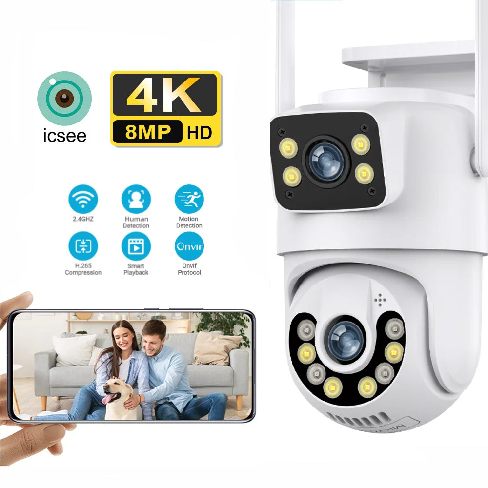 Câmera de Vigilância PTZ Dual Lens 8MP 4K - Com Deteção de Movimento, Visão Noturna e Audio